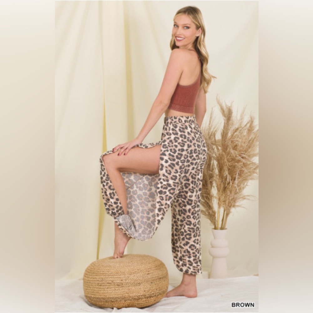 High-Rise Leopard Split-Side Lounge Pants - Brown - Picture 7 of 7